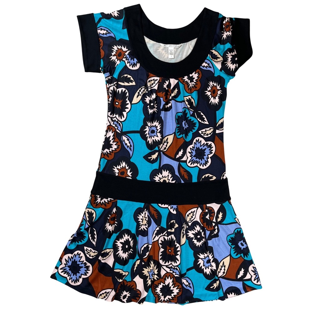 Diane Von Furstenberg‎ Floral Silk Mini Dress Womens 8 Blue Black Short Sleeve